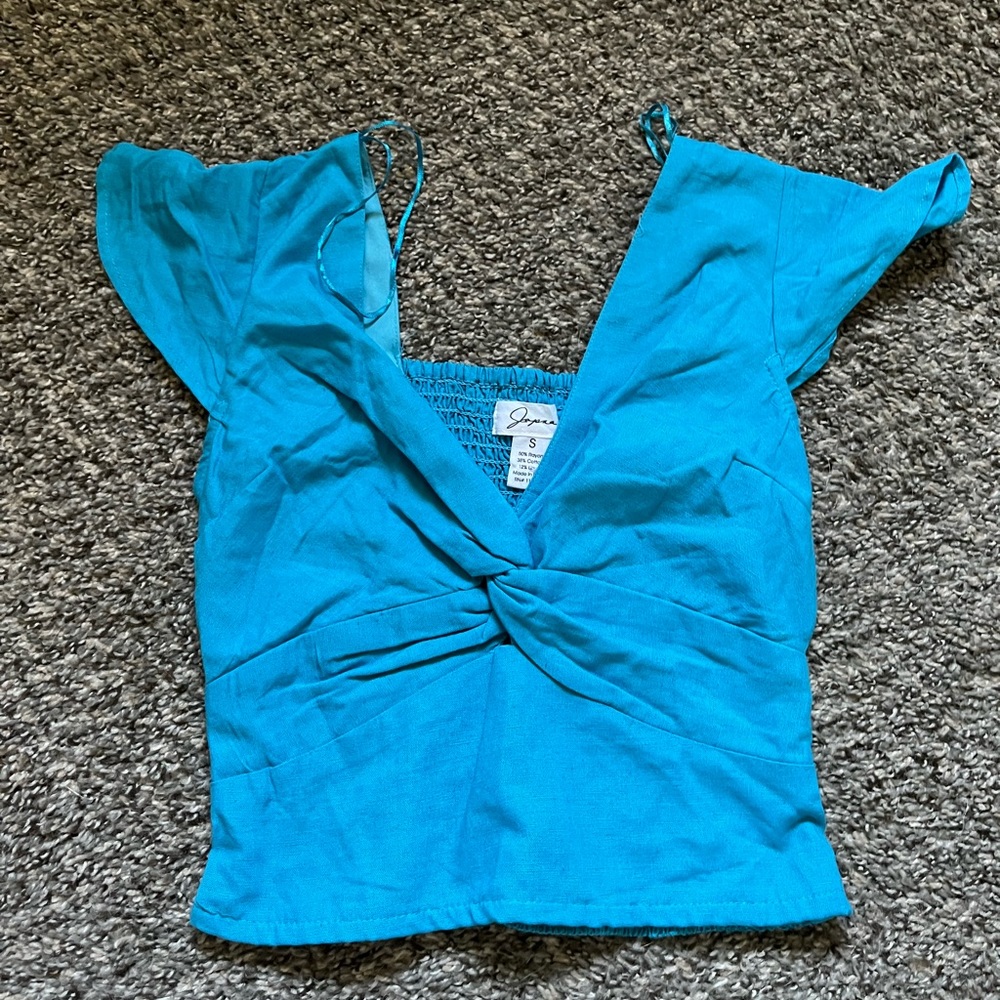 Japna Teal Twist-Front Crop Top
